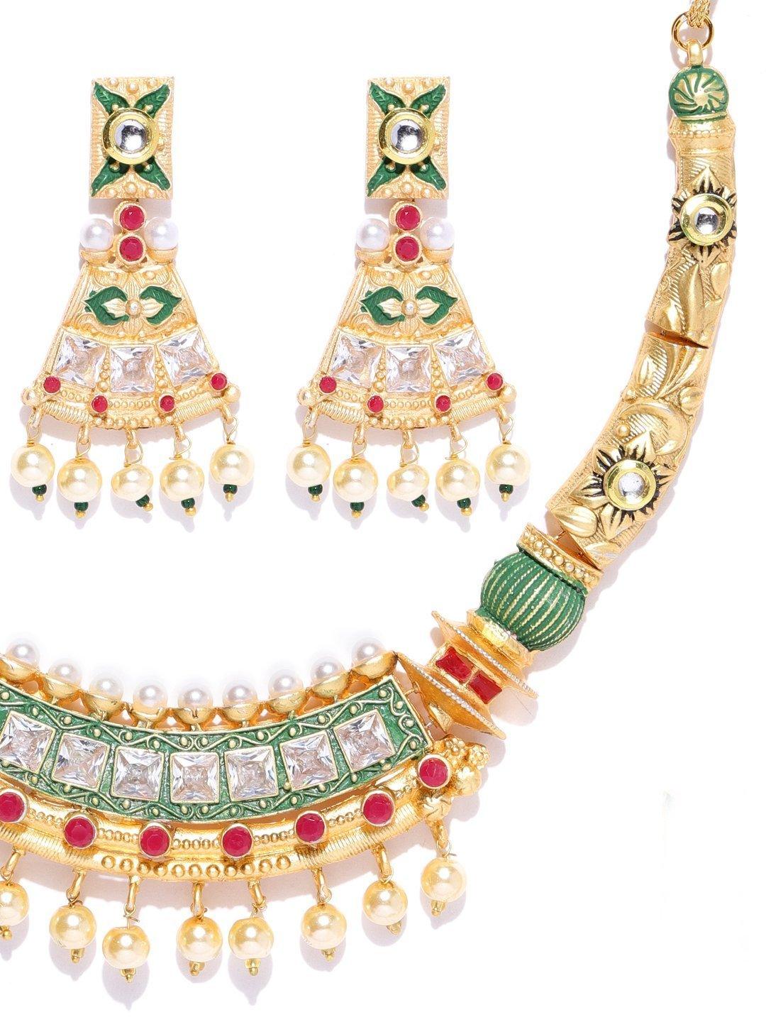 Women's Ruby Pearls Stones Gold Plated Meenakari Jewellery Set - Priyaasi - Indiakreations