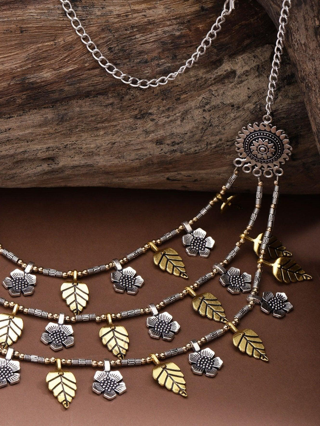 Women's Dual-Toned german Silver Oxidised Floral Leaf Layered Necklace - Priyaasi - Indiakreations