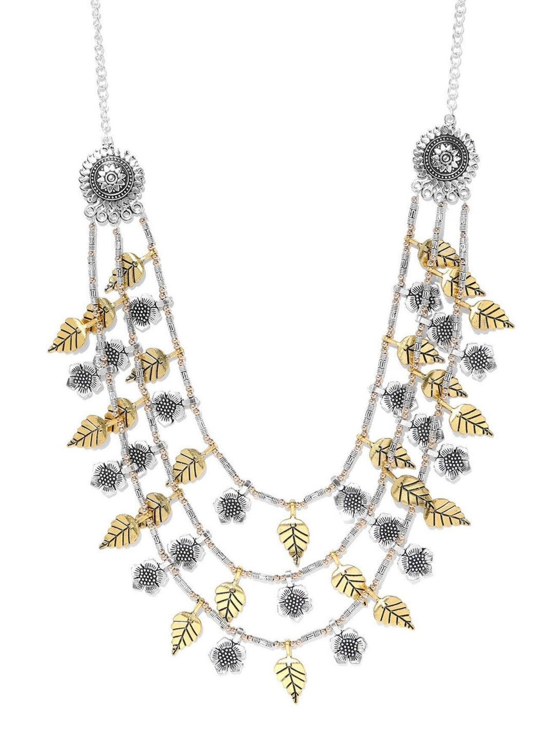 Women's Dual-Toned german Silver Oxidised Floral Leaf Layered Necklace - Priyaasi - Indiakreations