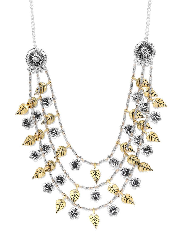 Women's Dual-Toned german Silver Oxidised Floral Leaf Layered Necklace - Priyaasi - Indiakreations