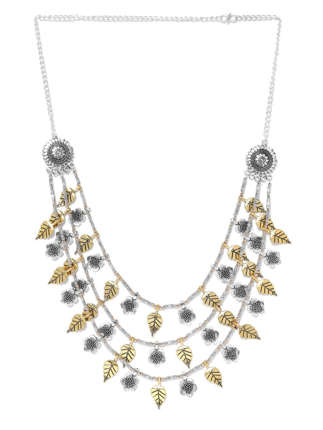 Women's Dual-Toned german Silver Oxidised Floral Leaf Layered Necklace - Priyaasi - Indiakreations