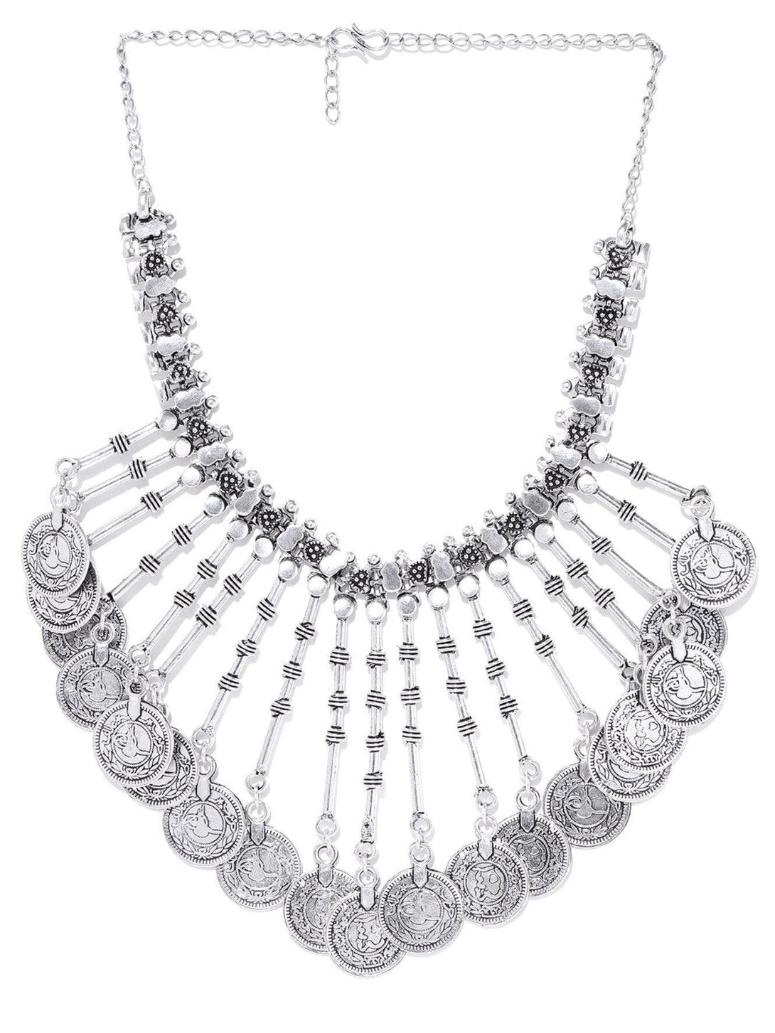 Women's German Silver Oxidised Coin Necklace - Priyaasi - Indiakreations