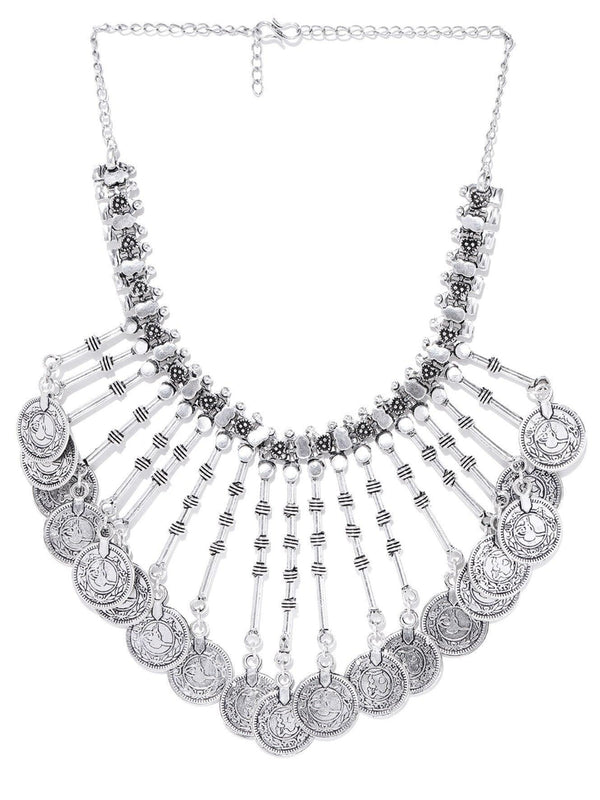 Women's German Silver Oxidised Coin Necklace - Priyaasi - Indiakreations