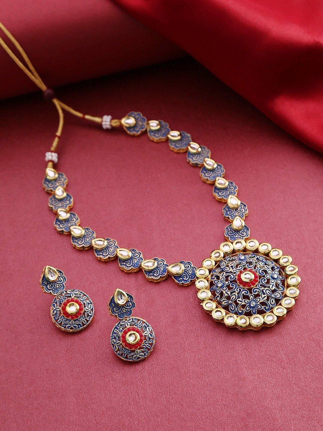 Women's Blue Red Kundan Gold Plated Meenakari Jewellery Set - Priyaasi - Indiakreations