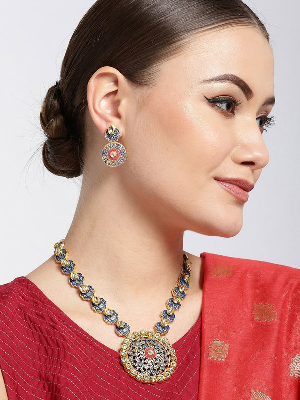 Women's Blue Red Kundan Gold Plated Meenakari Jewellery Set - Priyaasi