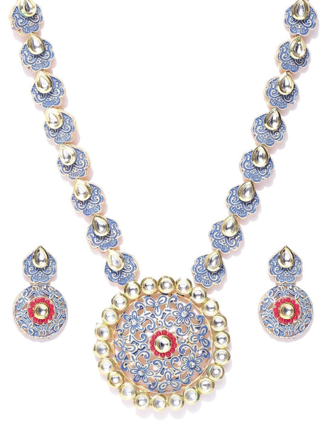 Women's Blue Red Kundan Gold Plated Meenakari Jewellery Set - Priyaasi - Indiakreations