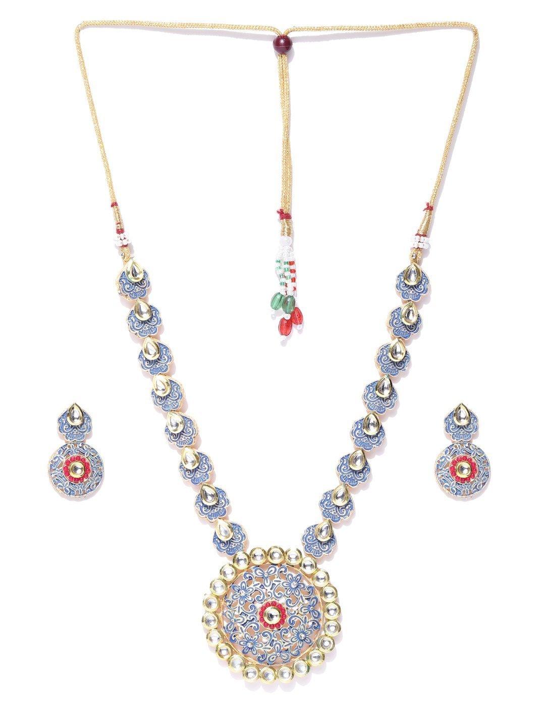 Women's Blue Red Kundan Gold Plated Meenakari Jewellery Set - Priyaasi - Indiakreations