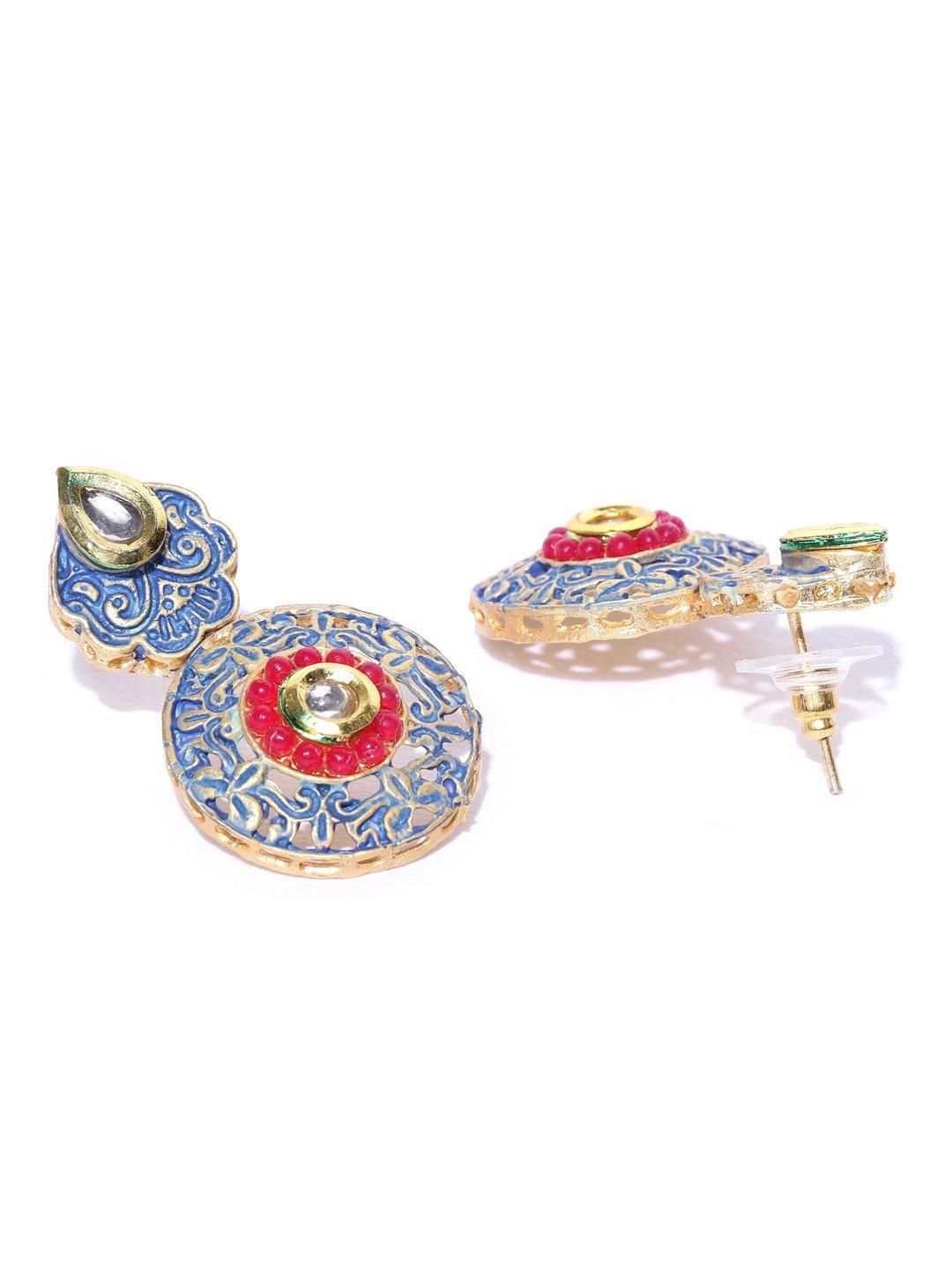 Women's Blue Red Kundan Gold Plated Meenakari Jewellery Set - Priyaasi - Indiakreations