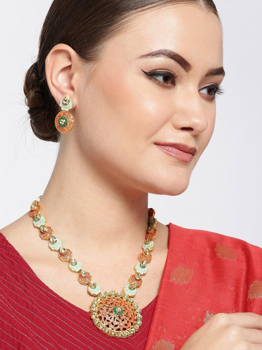 Women's Orange Green Kundan Gold Plated Meenakari Jewellery Set - Priyaasi - Indiakreations