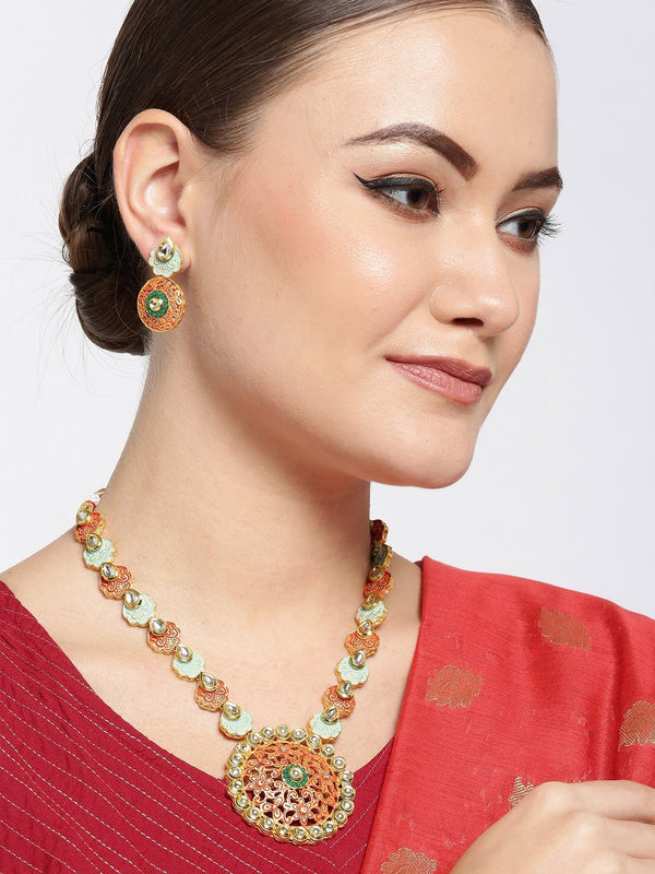 Women's Orange Green Kundan Gold Plated Meenakari Jewellery Set - Priyaasi