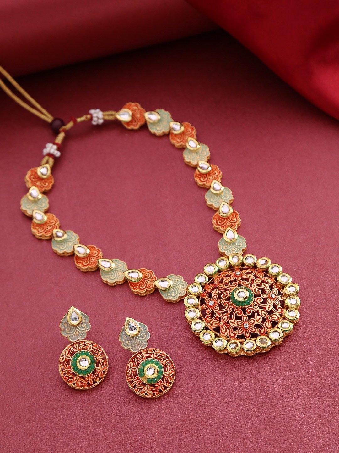 Women's Orange Green Kundan Gold Plated Meenakari Jewellery Set - Priyaasi - Indiakreations