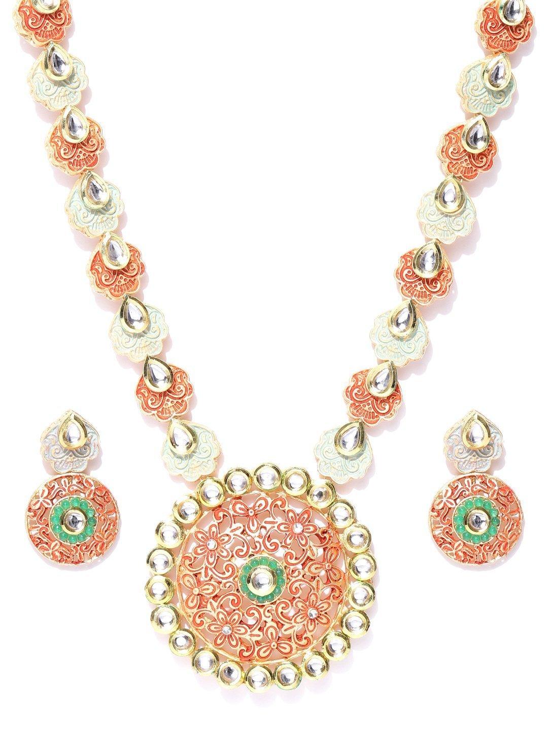 Women's Orange Green Kundan Gold Plated Meenakari Jewellery Set - Priyaasi - Indiakreations