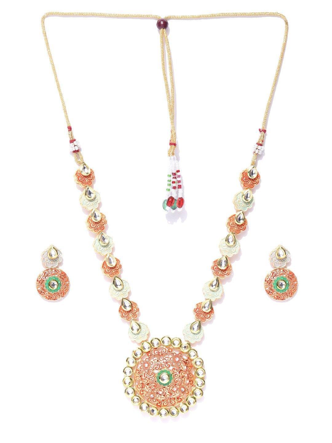 Women's Orange Green Kundan Gold Plated Meenakari Jewellery Set - Priyaasi - Indiakreations