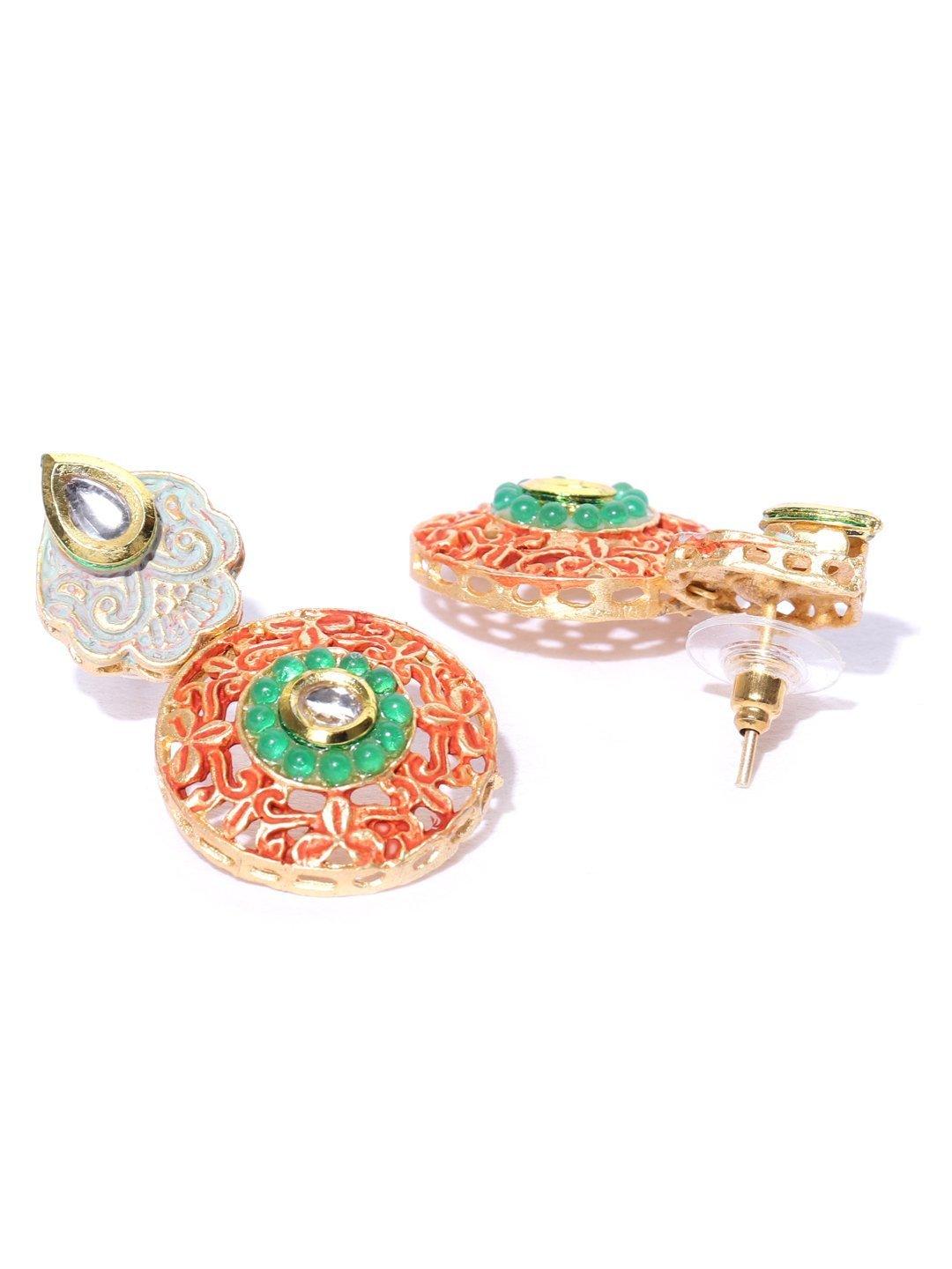 Women's Orange Green Kundan Gold Plated Meenakari Jewellery Set - Priyaasi - Indiakreations