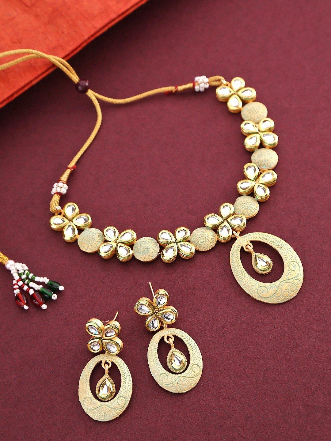 Women's Sea Green Kundan Gold Plated Meenakari Jewellery Set - Priyaasi - Indiakreations