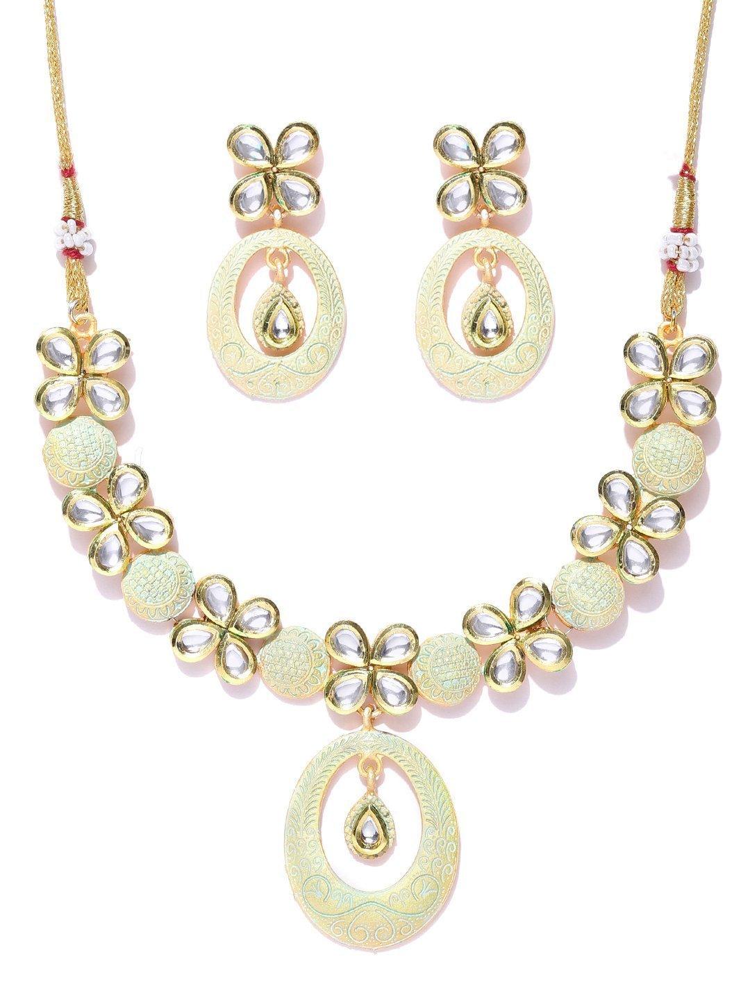 Women's Sea Green Kundan Gold Plated Meenakari Jewellery Set - Priyaasi - Indiakreations