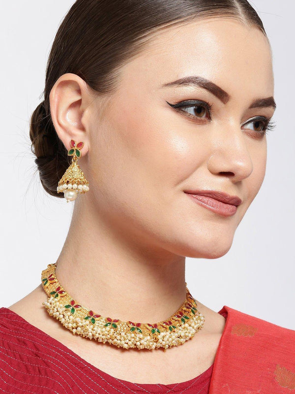 Women's White Beads Ruby Emerlad Gold Plated Jewellery Set - Priyaasi - Indiakreations