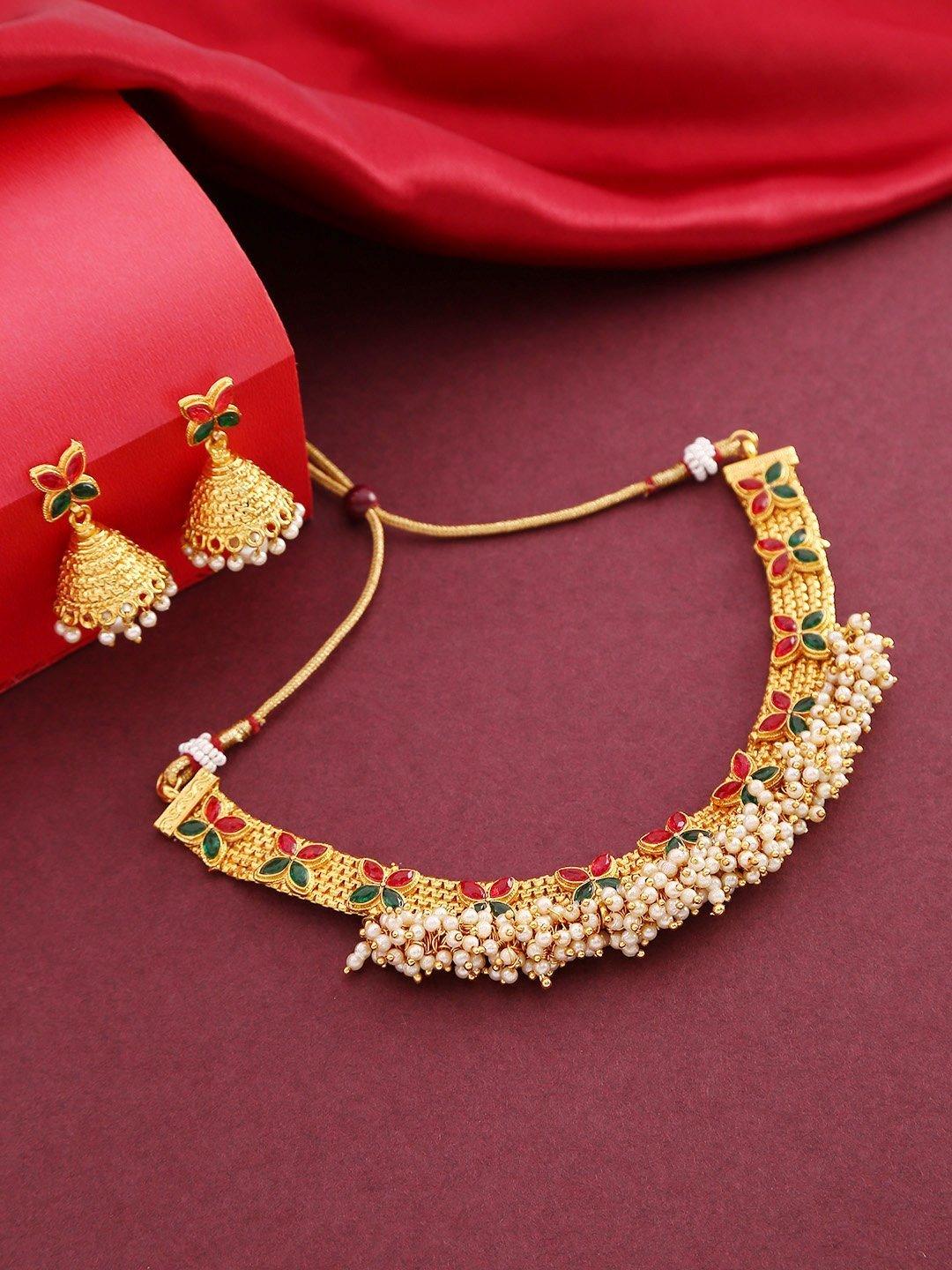 Women's White Beads Ruby Emerlad Gold Plated Jewellery Set - Priyaasi - Indiakreations