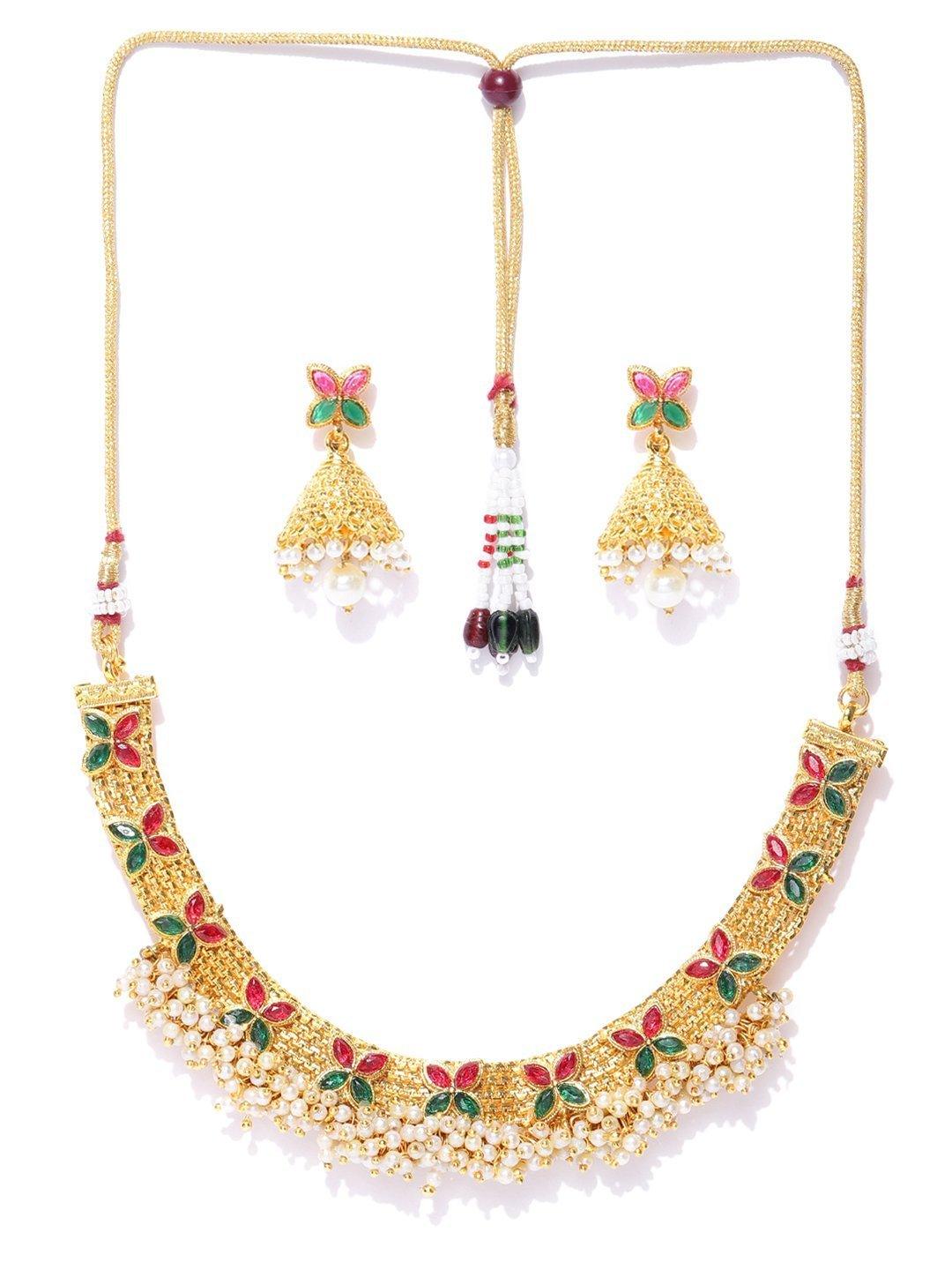 Women's White Beads Ruby Emerlad Gold Plated Jewellery Set - Priyaasi - Indiakreations