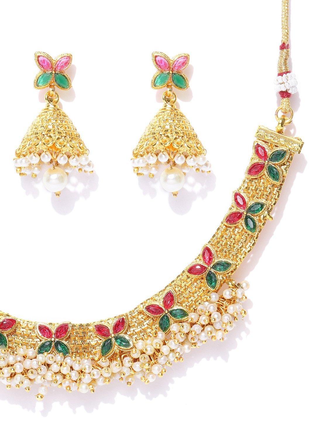 Women's White Beads Ruby Emerlad Gold Plated Jewellery Set - Priyaasi - Indiakreations