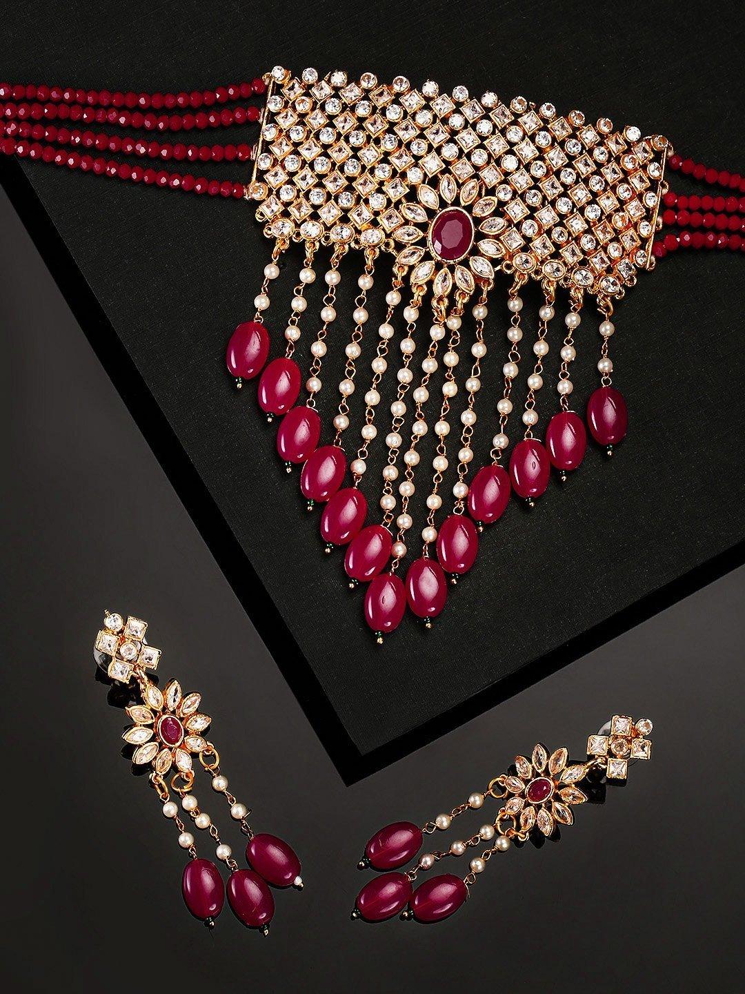 Women's Red Beads Ruby Kundan Cubic Zirconia Gold Plated Jewellery Set - Priyaasi - Indiakreations