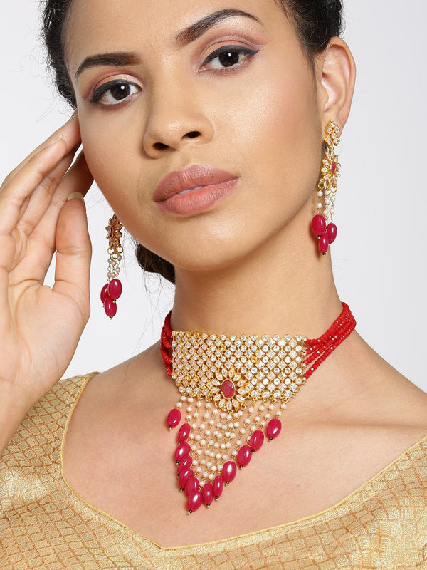 Women's Red Beads Ruby Kundan Cubic Zirconia Gold Plated Jewellery Set - Priyaasi