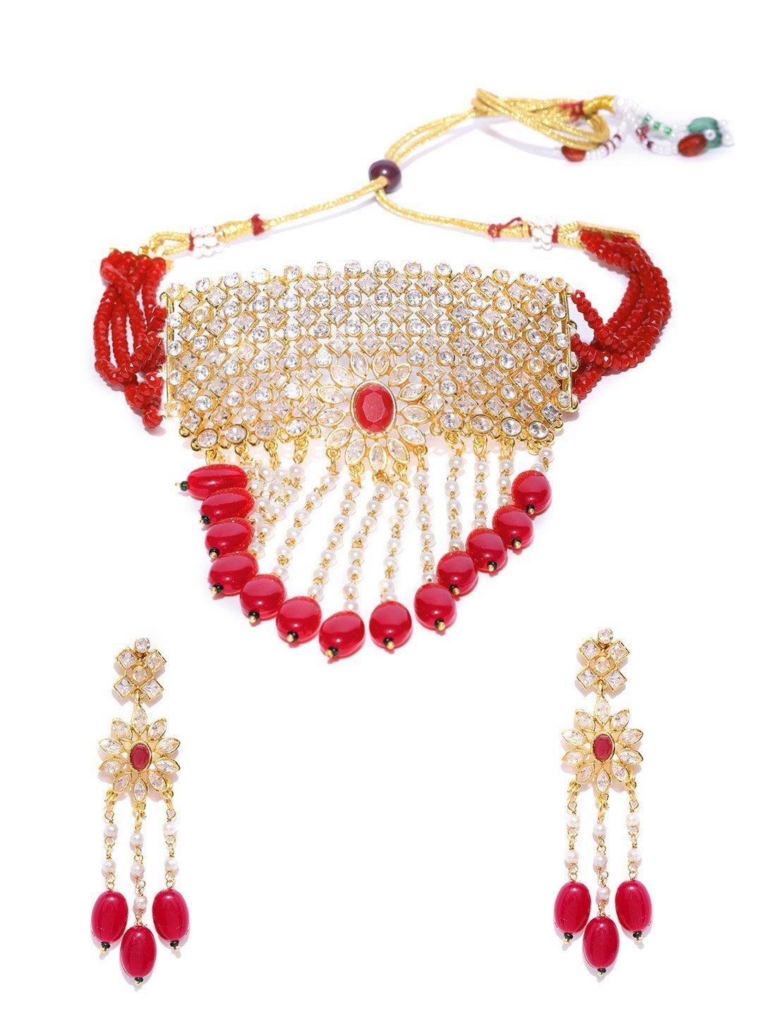 Women's Red Beads Ruby Kundan Cubic Zirconia Gold Plated Jewellery Set - Priyaasi - Indiakreations