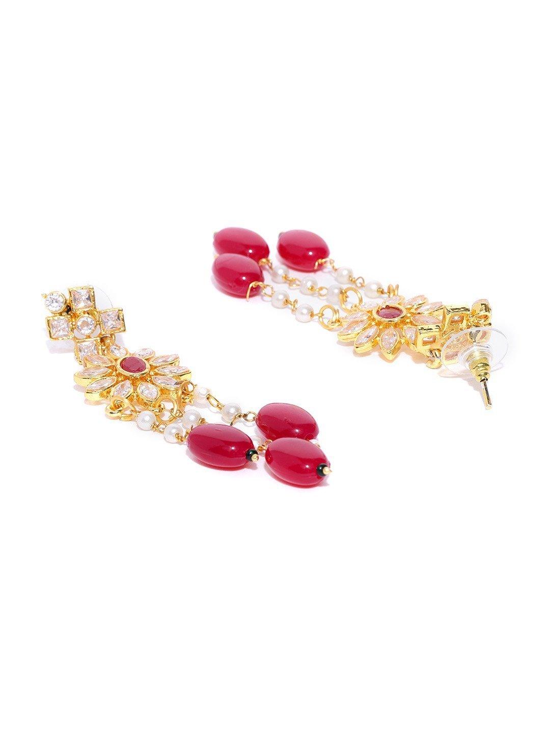 Women's Red Beads Ruby Kundan Cubic Zirconia Gold Plated Jewellery Set - Priyaasi - Indiakreations