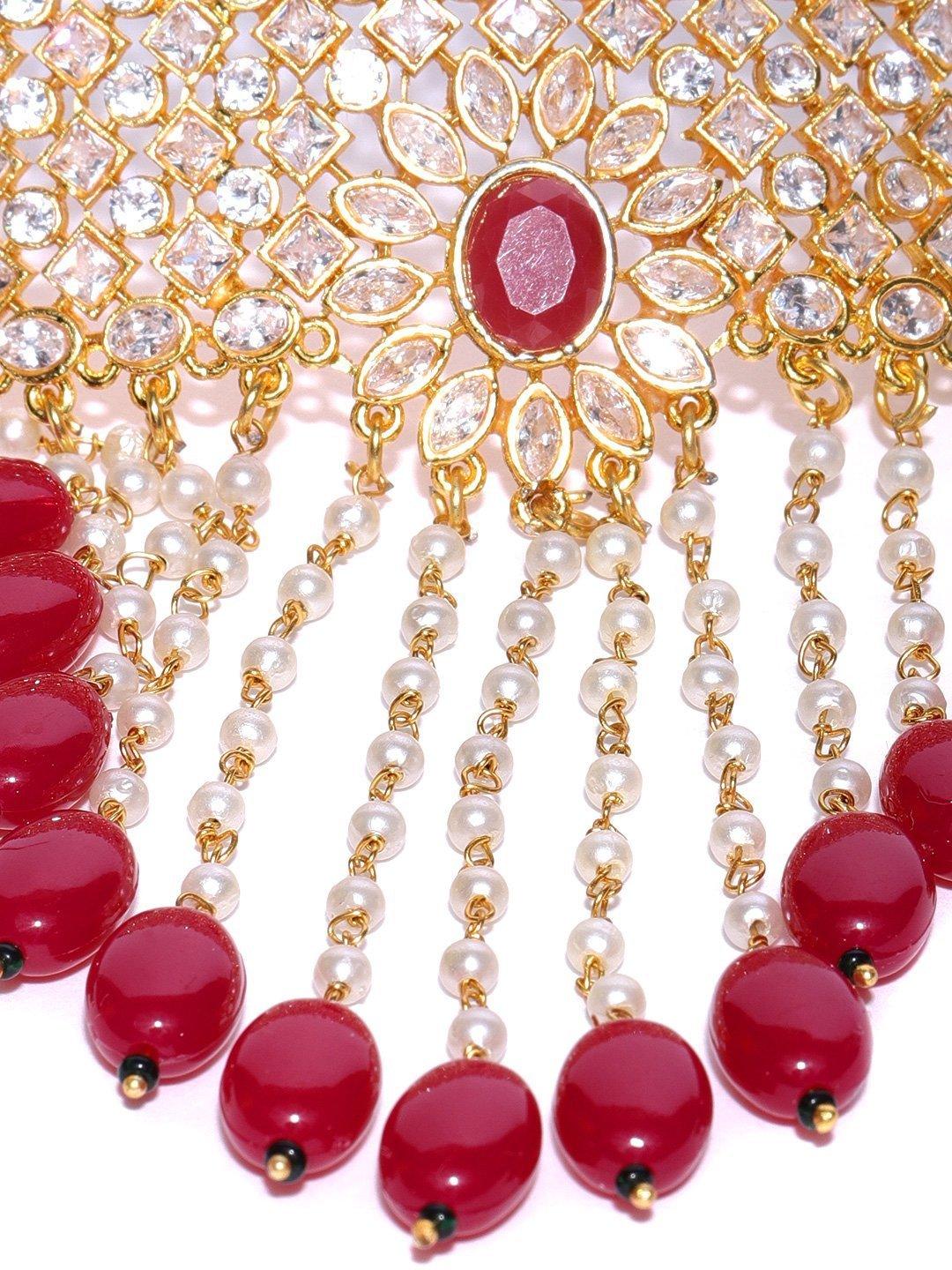 Women's Red Beads Ruby Kundan Cubic Zirconia Gold Plated Jewellery Set - Priyaasi - Indiakreations