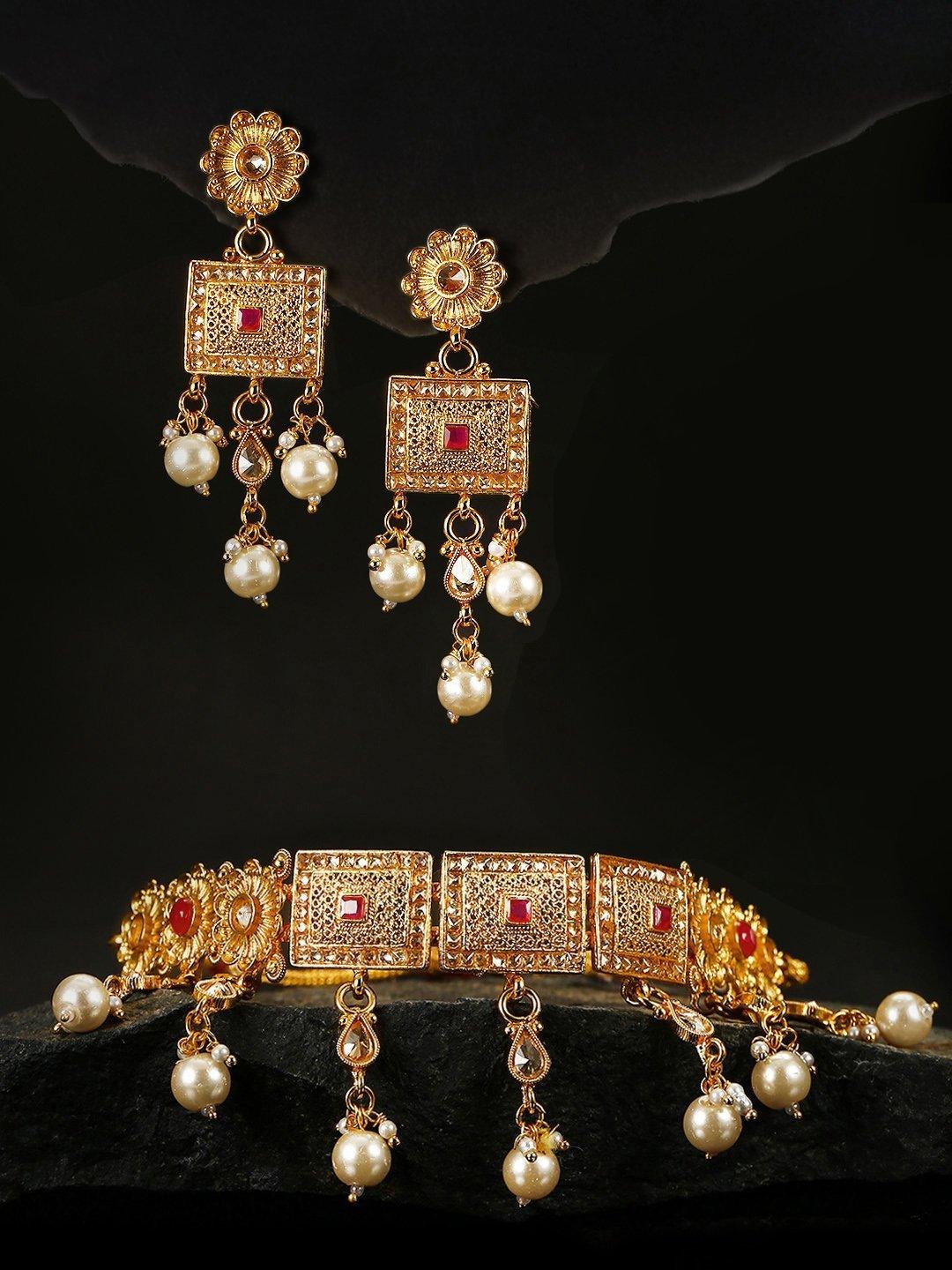 Women's Ruby Pearls Kundan Gold Plated Choker - Priyaasi - Indiakreations