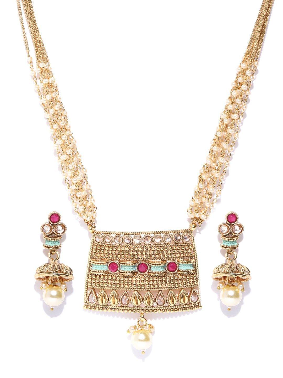 Women's White Beads Kundan Ruby Gold Plated Multistrand Jewellery Set - Priyaasi - Indiakreations