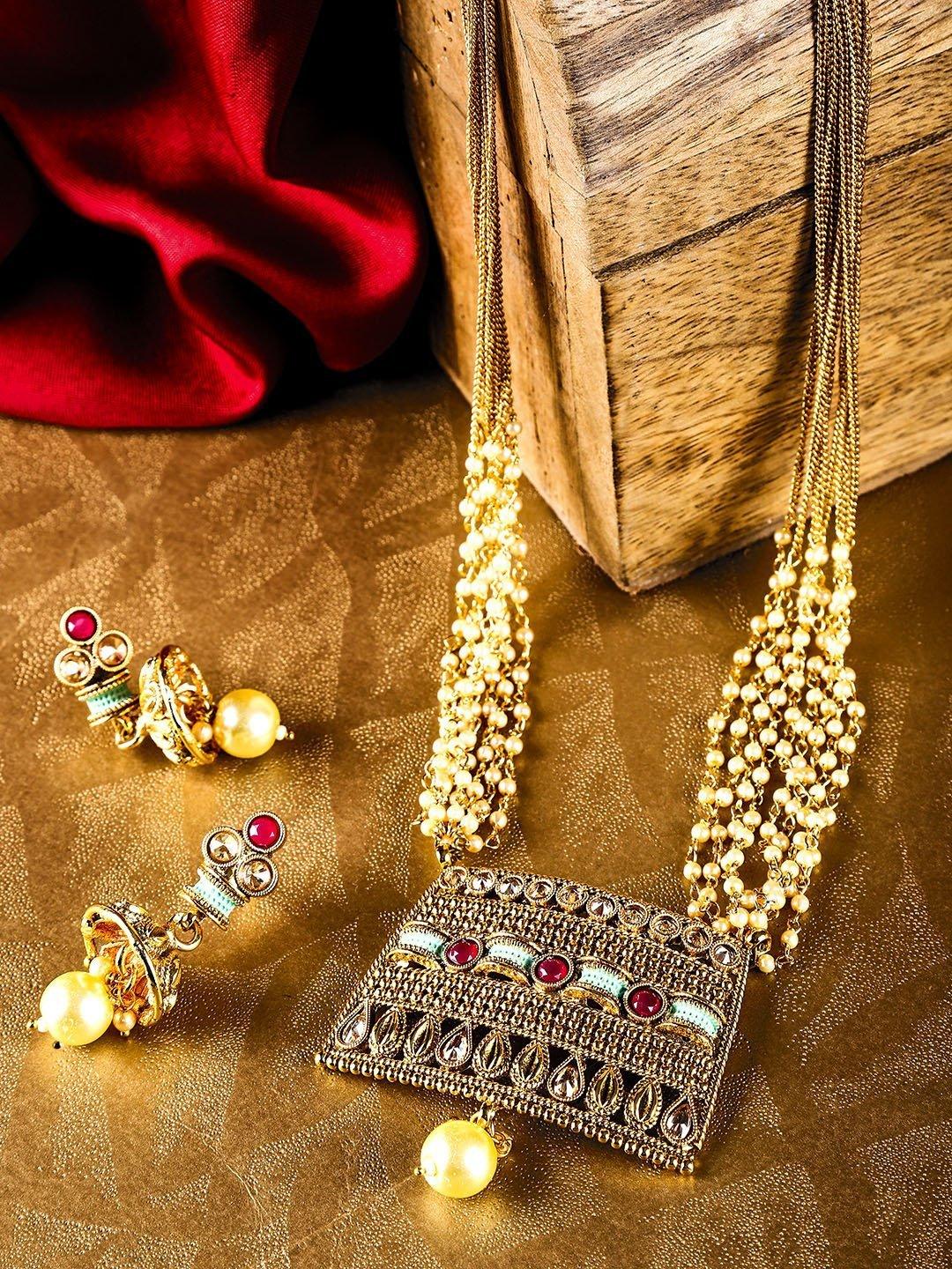 Women's White Beads Kundan Ruby Gold Plated Multistrand Jewellery Set - Priyaasi - Indiakreations