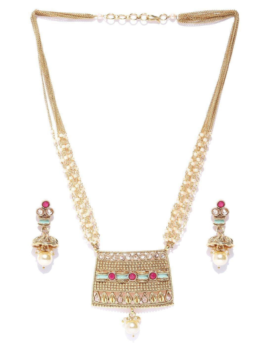 Women's White Beads Kundan Ruby Gold Plated Multistrand Jewellery Set - Priyaasi - Indiakreations