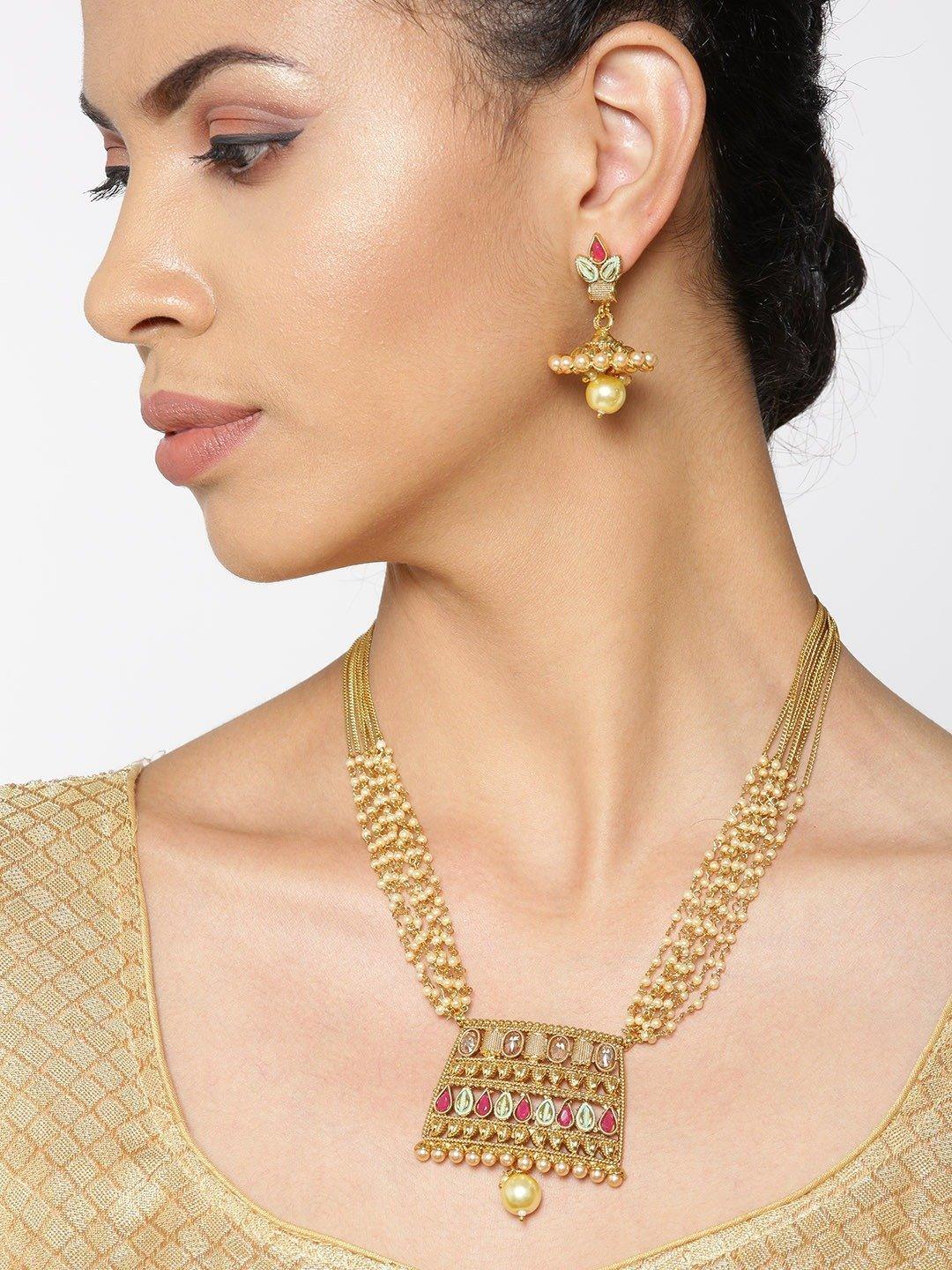 Women's White Beads Kundan Ruby Gold Plated Multistrand Jewellery Set - Priyaasi - Indiakreations