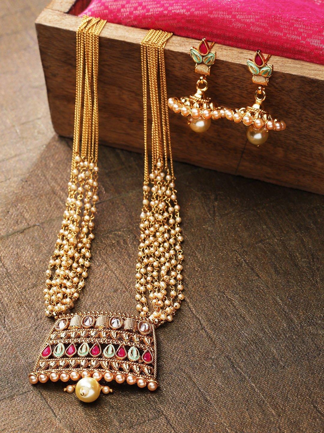 Women's White Beads Kundan Ruby Gold Plated Multistrand Jewellery Set - Priyaasi - Indiakreations