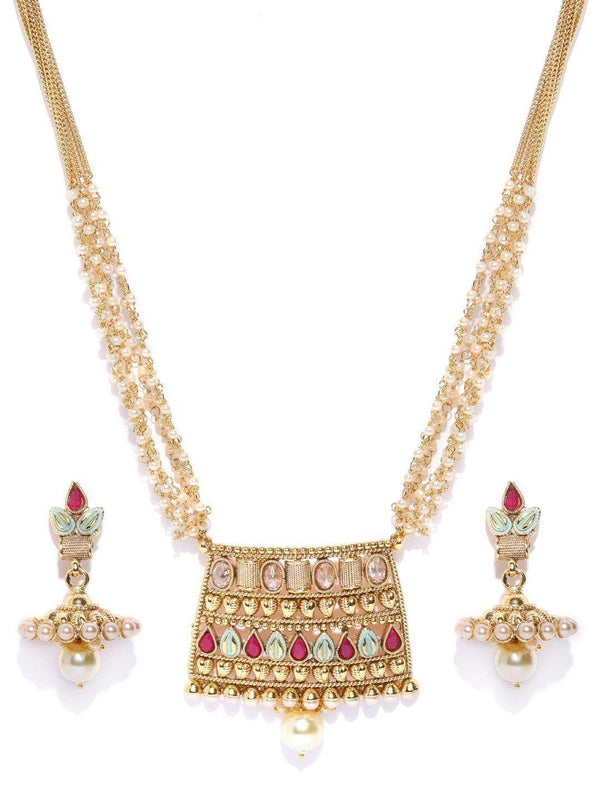 Women's White Beads Kundan Ruby Gold Plated Multistrand Jewellery Set - Priyaasi - Indiakreations