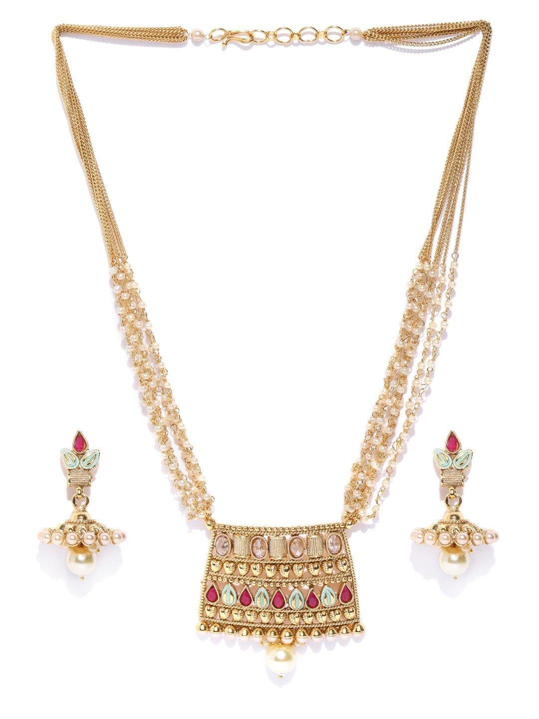 Women's White Beads Kundan Ruby Gold Plated Multistrand Jewellery Set - Priyaasi - Indiakreations