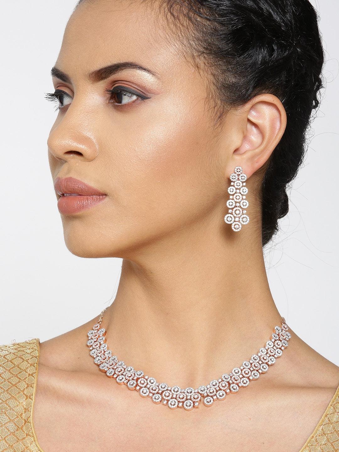 Women's American Diamond Rose Gold Plated Geometric Jewellery Set - Priyaasi - Indiakreations