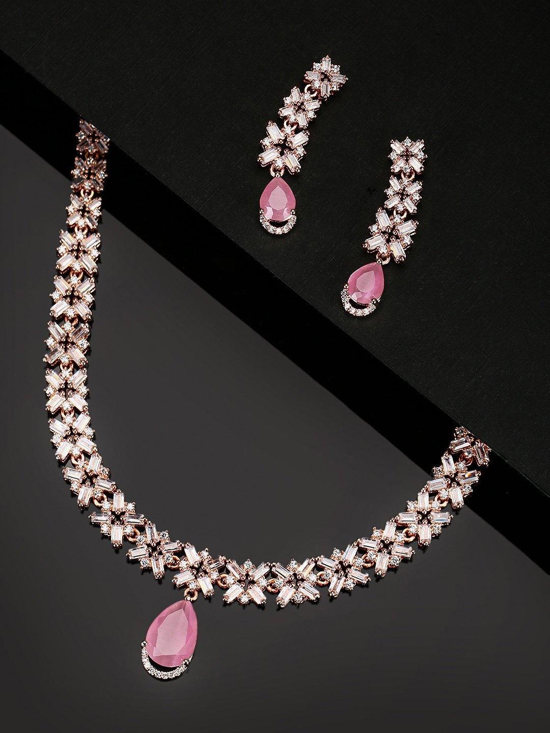 Women's Pink Stones American Diamond Rose Gold Plated Jewellery Set - Priyaasi - Indiakreations