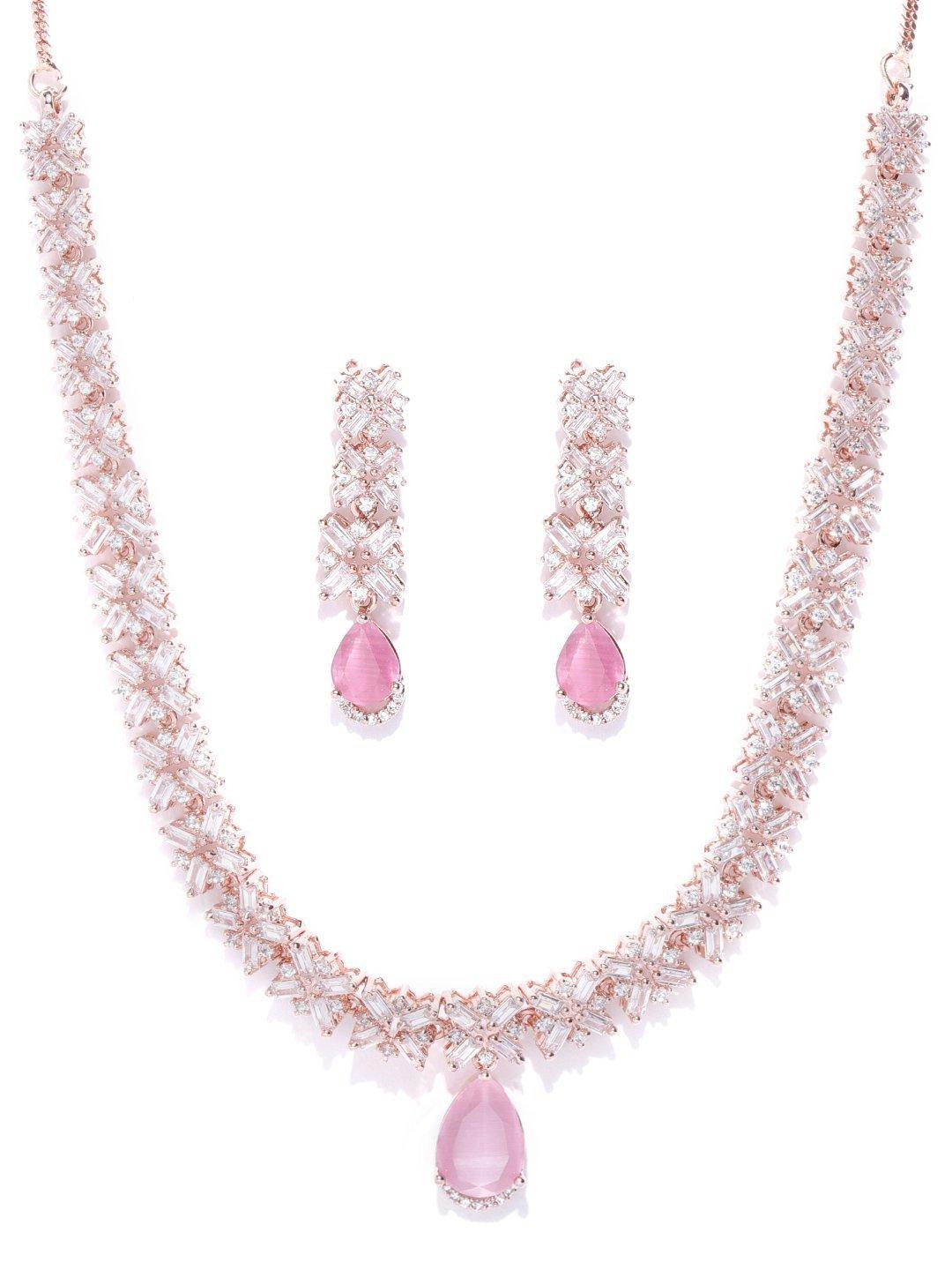 Women's Pink Stones American Diamond Rose Gold Plated Jewellery Set - Priyaasi - Indiakreations