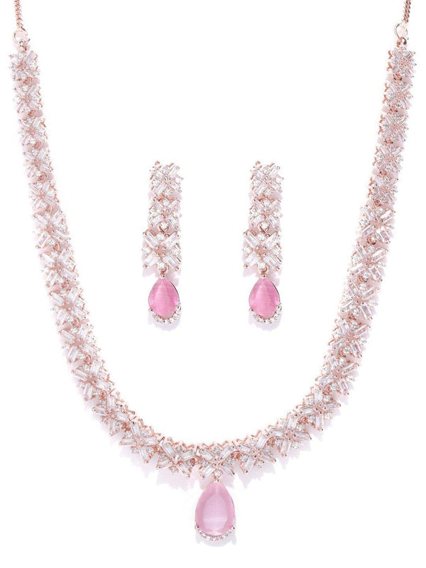 Women's Pink Stones American Diamond Rose Gold Plated Jewellery Set - Priyaasi - Indiakreations