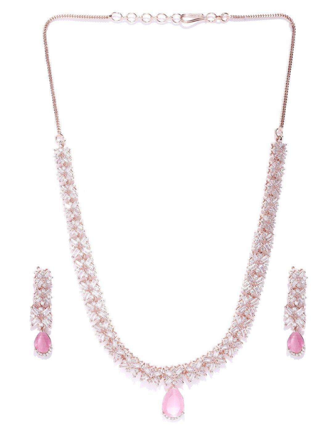 Women's Pink Stones American Diamond Rose Gold Plated Jewellery Set - Priyaasi - Indiakreations