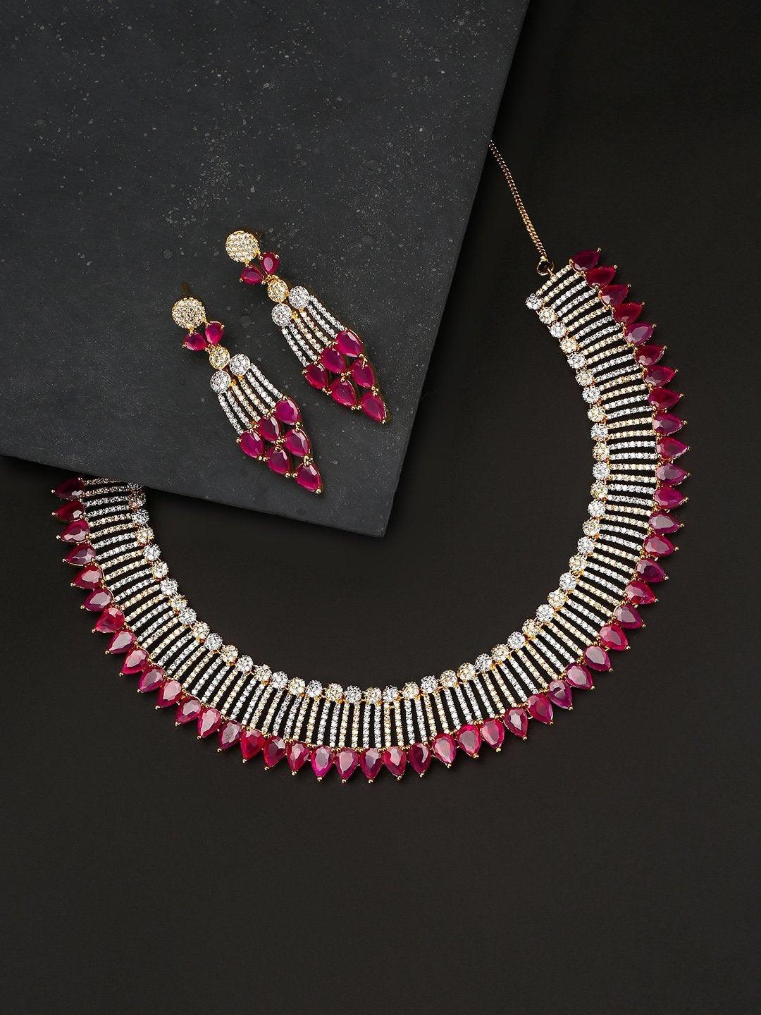 Women's Pink Ruby American Diamond Gold Plated Jewellery Set - Priyaasi - Indiakreations