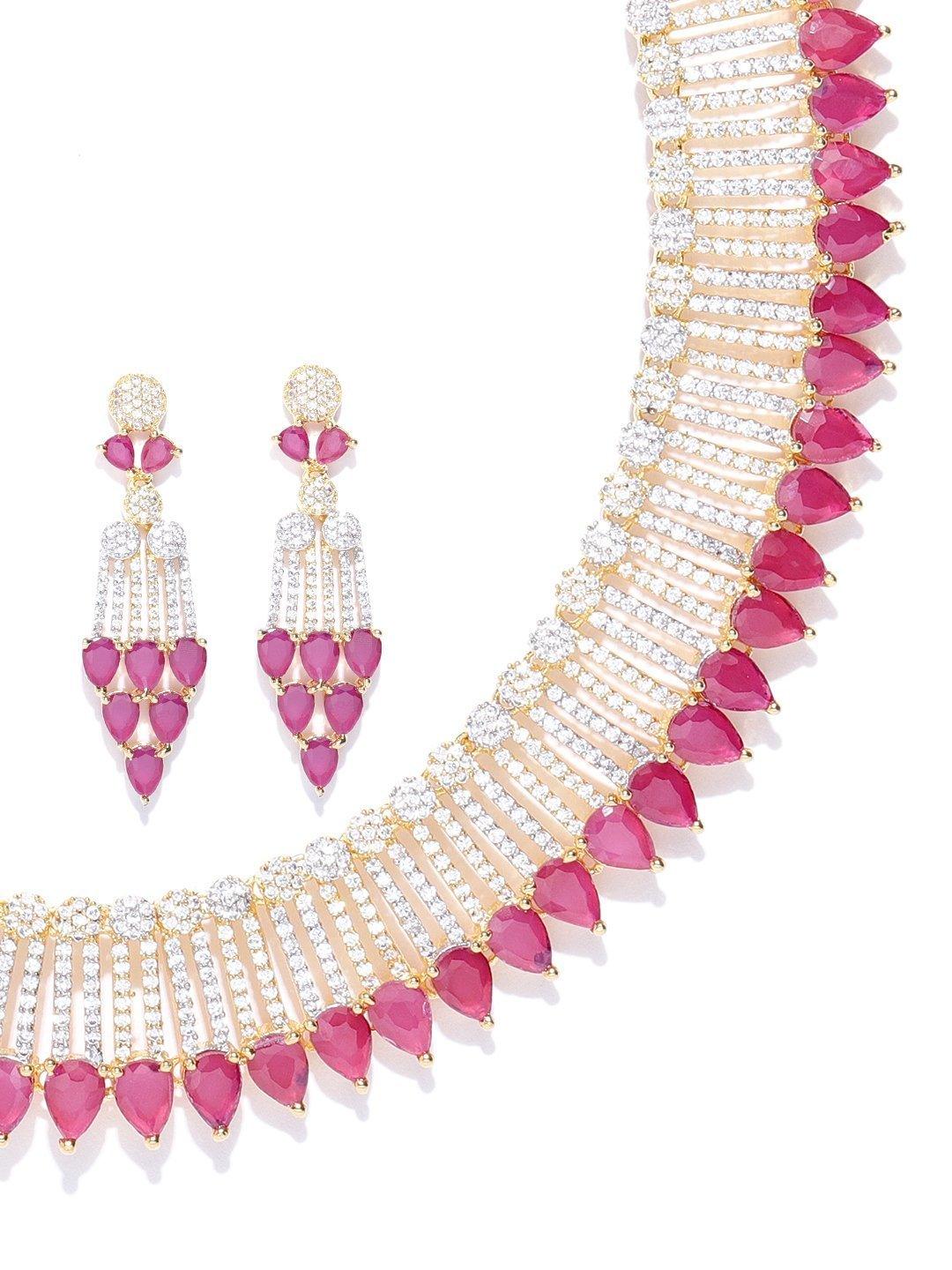 Women's Pink Ruby American Diamond Gold Plated Jewellery Set - Priyaasi - Indiakreations