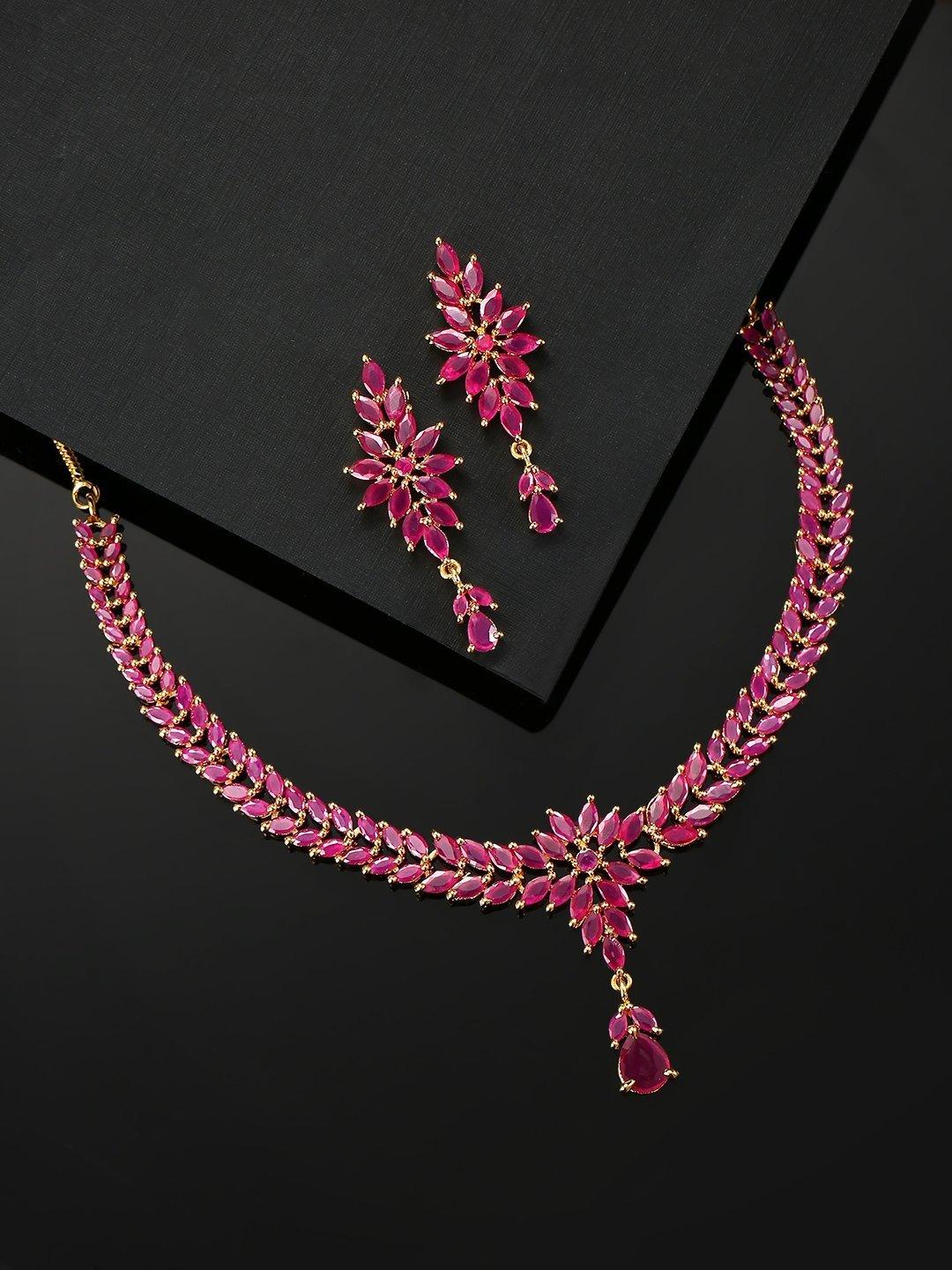 Women's Pink Ruby Gold Plated Floral Jewellery Set - Priyaasi - Indiakreations