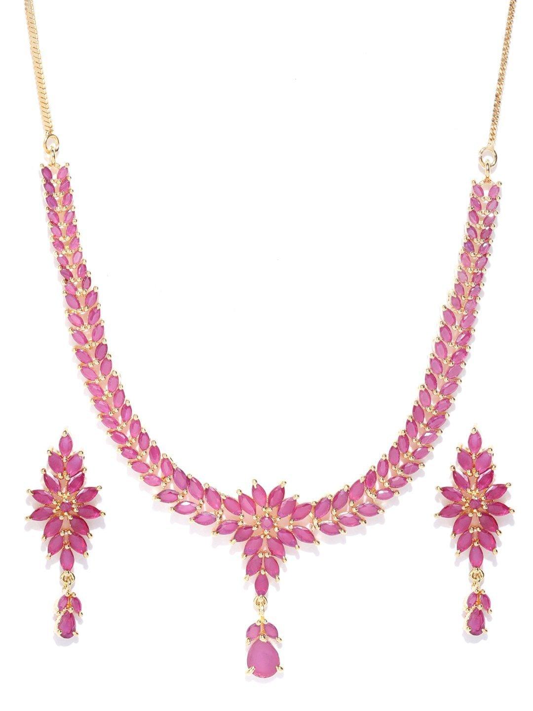 Women's Pink Ruby Gold Plated Floral Jewellery Set - Priyaasi - Indiakreations