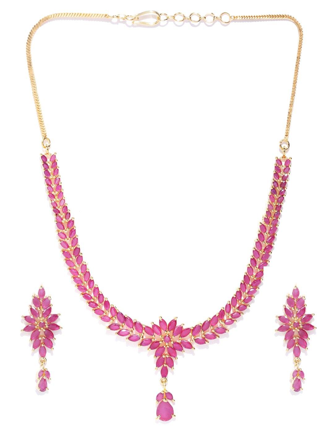 Women's Pink Ruby Gold Plated Floral Jewellery Set - Priyaasi - Indiakreations