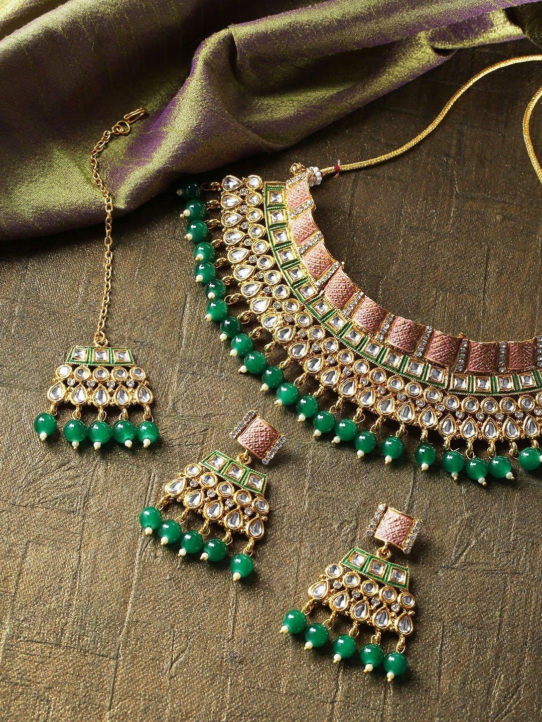 Women's Emerald Kundan Gold Plated MaangTika Jewellery Set - Priyaasi - Indiakreations