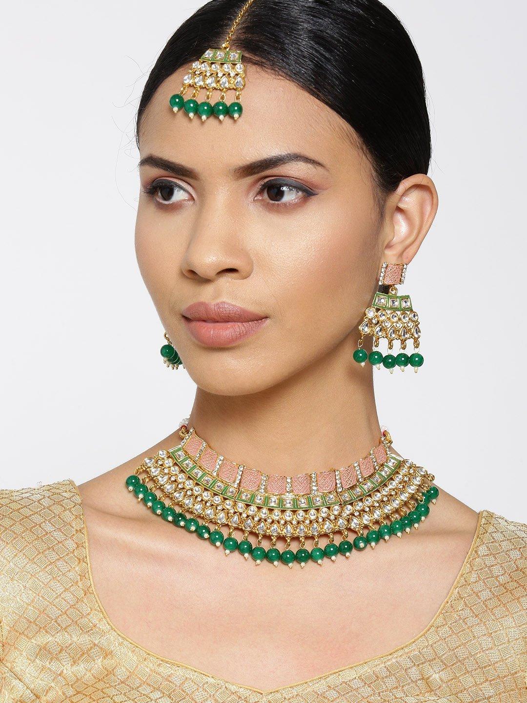 Women's Emerald Kundan Gold Plated MaangTika Jewellery Set - Priyaasi - Indiakreations