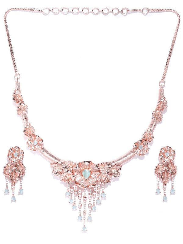 Women's Mint Green Stones American Diamond Rose Gold Plated Floral Jewellery Set - Priyaasi